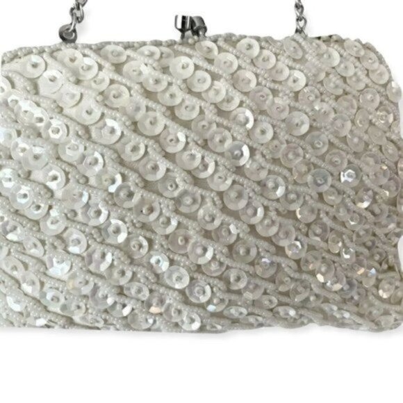 60s Vintage Sequined Off White Clutch Purse Hand Made In Hong Kong - Picture 1 of 6